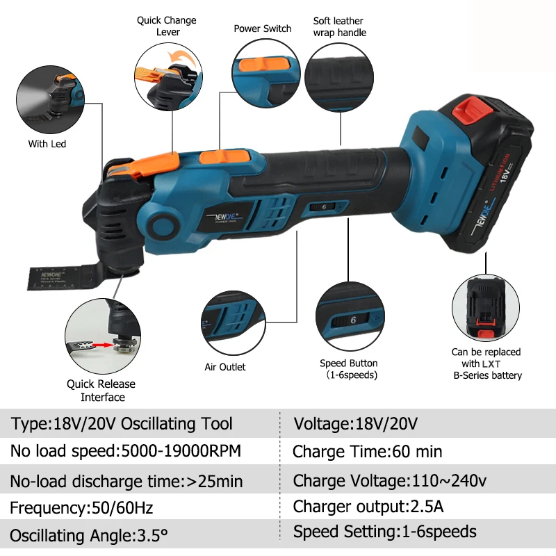 Newone Cordless 20V Quickrelease Oscillating Tool Multifunction tool Anti-Vibration Compatible for MAKITA 18V Renovator Trimmer 2