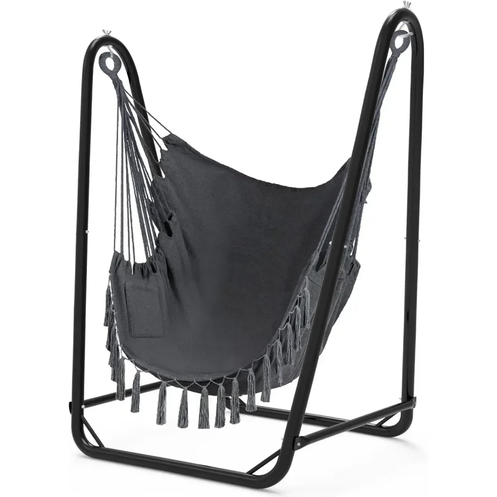 Hammock, Unique U-Shaped Hammock Chair with Stand, Sturdy & Rust-Resistant, Gray Cotton Hammock Chair, Hammock