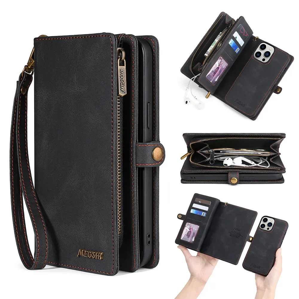 

Luxury Leather Zipper Wallet Card Slot Phone Case for IPhone 15 Promax 14 13 12 Mini 11 Pro Max XRs Plus Flip Purse Stand Cover