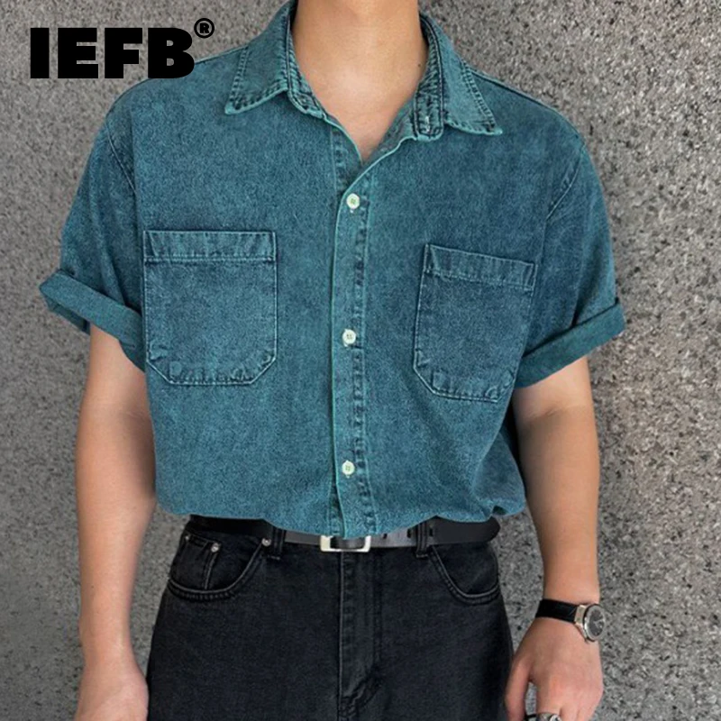 

IEFB New Summer Men's Denim Shirt Short Sleeve Loose Casual Tops Turn-down Collar Single Breasted Double Pocket Male 2024 C6066