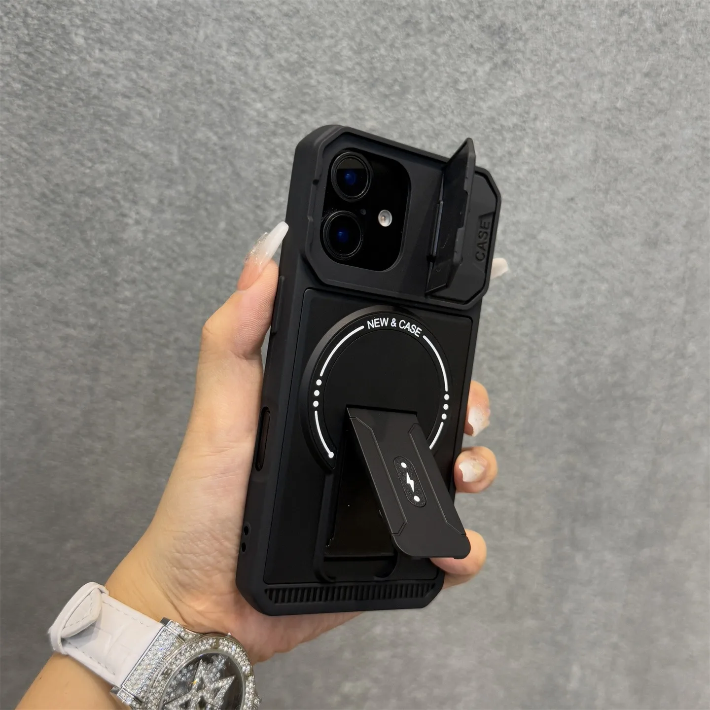 Magnetic Folding Bracket Armor Phone Case with Flip Lens Protective Stand Cover