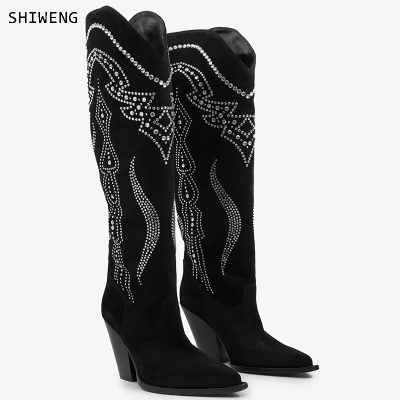 

Women Pointed Toe Boots 2023 Women's Crystal Decor Knee High Boots Thick Heel Women's Chunk Heel Boots Large size 35-44
