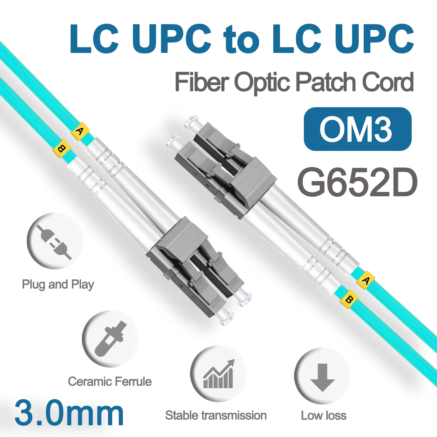 LC UPC OM3 Fiber Optical Patch Jumper 3.0mm Multimode Cable Cord Duplex 1m 3m 5m PVC SM 1310/1550nm FTTH fiber optic cable