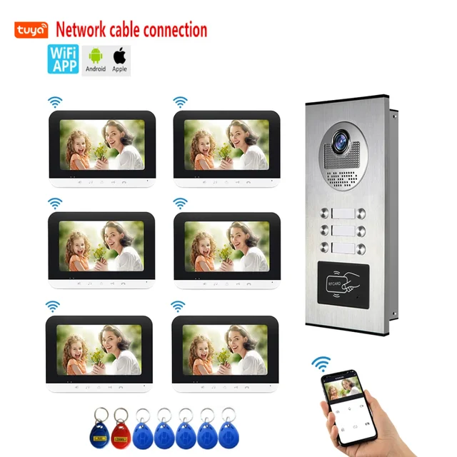 7" Tuya WIFI Video Building Intercom System Network Cable Port 2-6 Units Apartment Video Door Phone Doorbell Kits 1