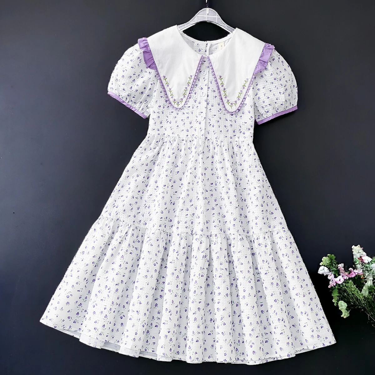 

Baby Kids Floral Purple Dresses for Girls Outfits Bohemia Summer Short Sleeve Teens Children Princess Costumes 5 7 9 11 13 Years