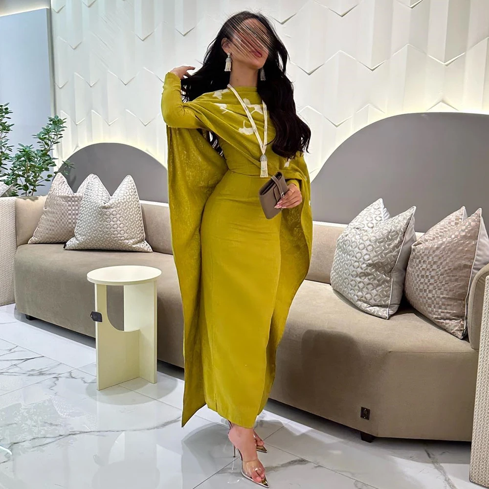 

Elegant Straight Evening Dress Women Long Sleeves Ankle Length Evening Dress Saudi Arabia with Cape فساتين حفلة موسيقية 2024
