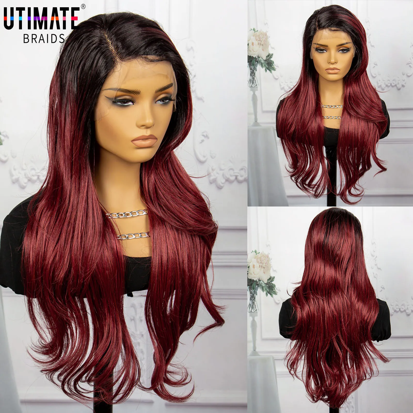 

Side Part Wavy Synthetic Wig 13X4 Lace Front Wig Red Color Black Root Natural Wave Lace Wigs for Women Use Cospaly Costume