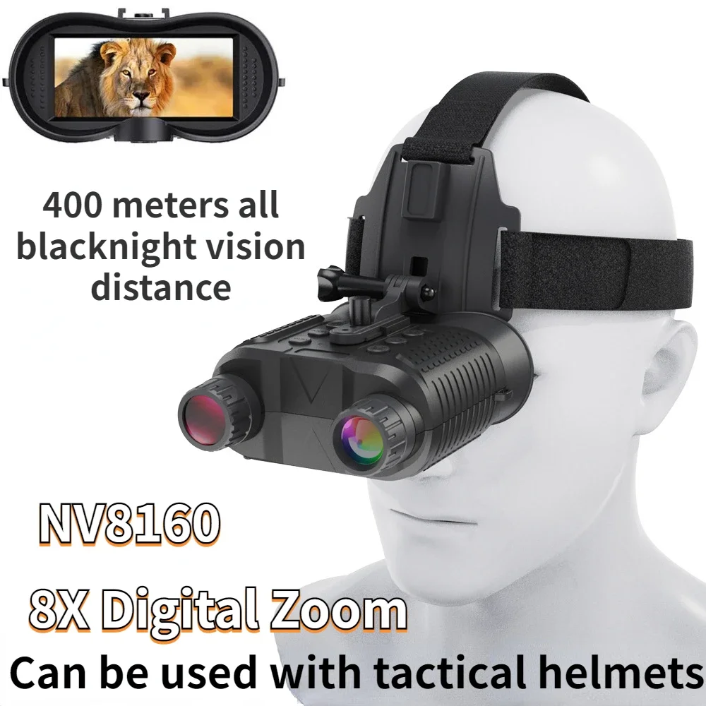 NV8160 Head mounted Binoculars Night Vision 2.7inch Screen 8x digital zoom 400M all black night vision distance 2600mAh battery dt99 head mounted night vision goggle 300m infrared binoculars telescope camera helmet eyepiece for hunting 8x digital zoom