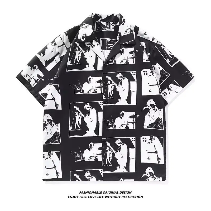 Elegant Fashion Harajuku Slim Fit Male Clothes Casual All Match Tops Square Neck Printed Button Cardigan Short Sleeve Blusa