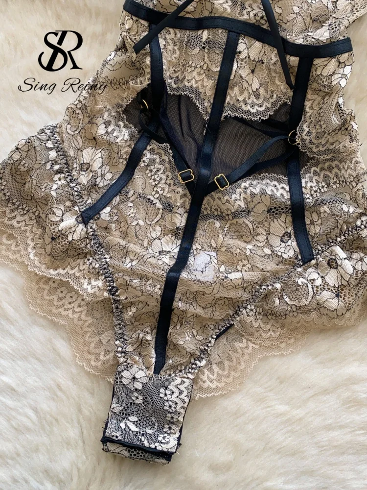 SINGREINY Tuta intera sexy trasparente in pizzo, traforata, in rete, per cosplay, con ricami floreali, body aderenti_voghion.com