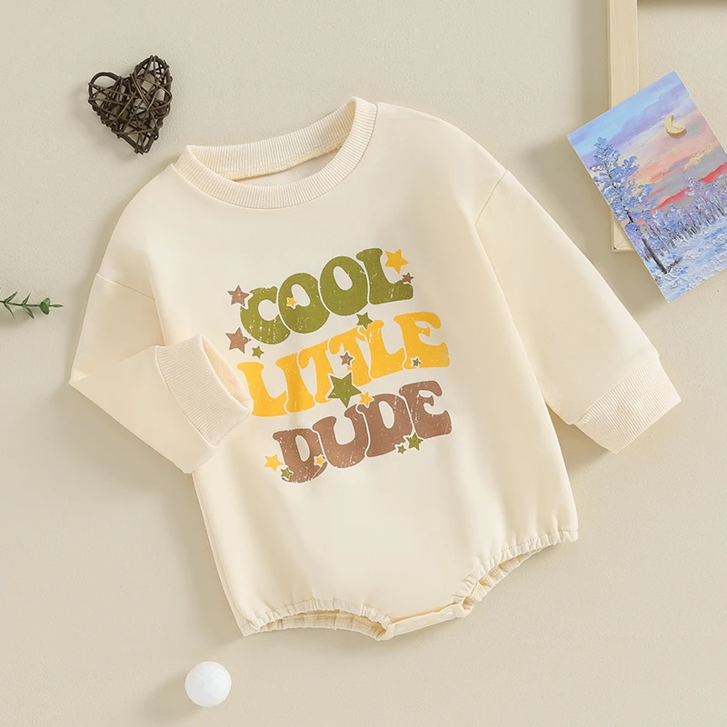 

Newborn Infant Baby Boy Bubble Romper Cool Little Dude Long Sleeve Oversized Sweatshirt Crewneck Pullover Fall Clothes