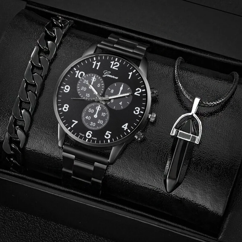 3PCS Set Fashion Mens Business Watches Men Casual Black Bracelet Necklace Stainless Steel Quartz Wrist Watch Relogio Masculino couples casual business quartz watch