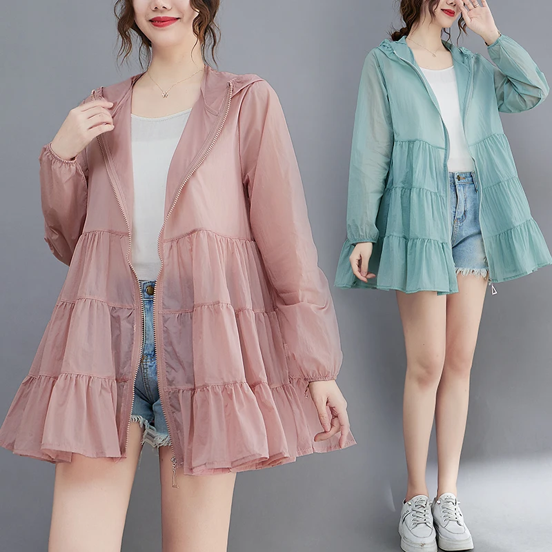 Women Summer Chic Pleated Sun Protection Coat Breathable Sunscreen Tops Outdoor UV Thin Coat Loose Swing Zip Hooded Jacket