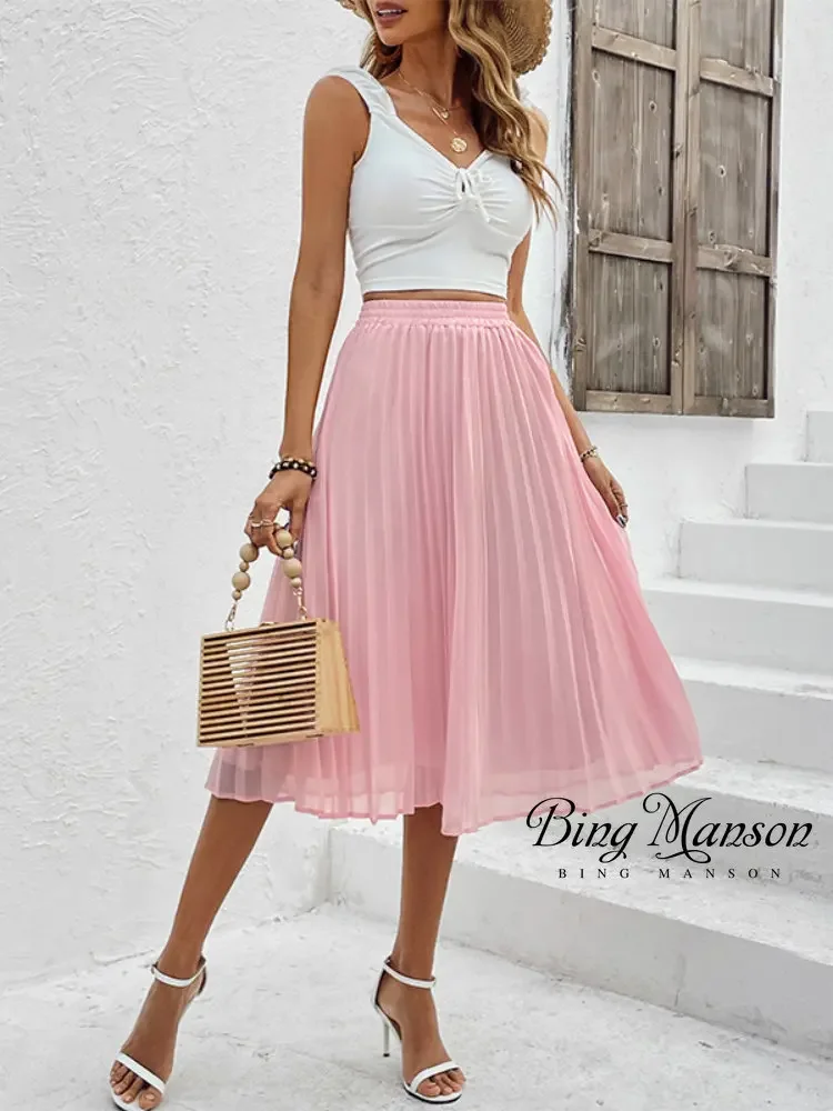 

Women's High Waist Pleated Open A-line Rib Knitted Midi Half Skirt Elastic Waist Solid Chiffon Pleated Skirt Skort Long Skirt
