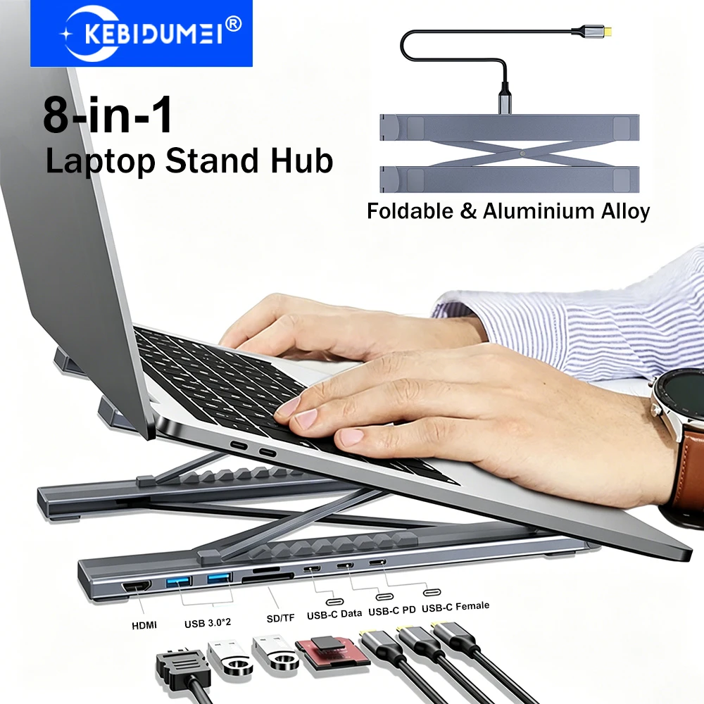 KEBIDUMEI USB C 노트북 스탠드 도킹 스테이션 8-in-1 USB 허브 PD 100W 4K HDMI USB 3.0 SD TF 카드 리더기 (맥북 에어 프로 아이패드용) USB C Laptop Sta