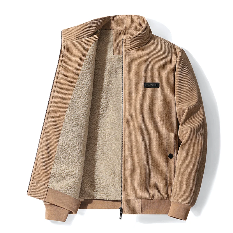 Fleece Jacket Men Winter Thick Corduroy Jackets Coats Solid Color Zipper Stand Collar Windbreaker Fashion Casual Parkas Outwear 3