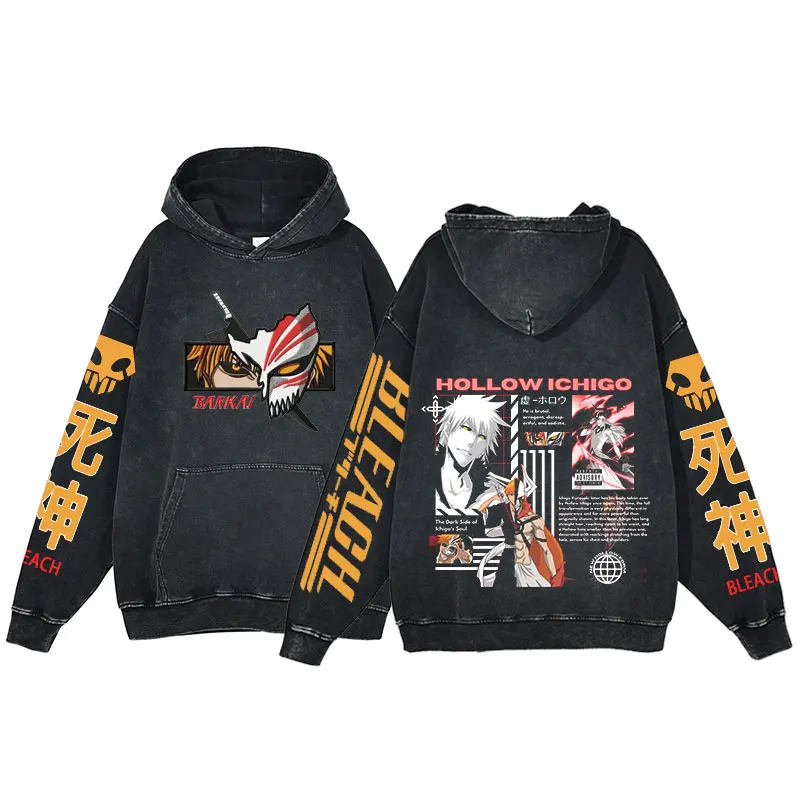 

Anime Bleach Hoodies Kurosaki Ichigo Harajuku Casual Hooded Sweatshirt Men Workout Long Sleeve Pullover Streetwear Vintage Black