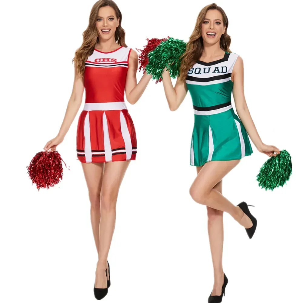 

Костюм Чирлидера для взрослых, униформа Чирлидера без рукавов с помпонами, платье для карнавала, Хэллоуина, косплея, вечеринки