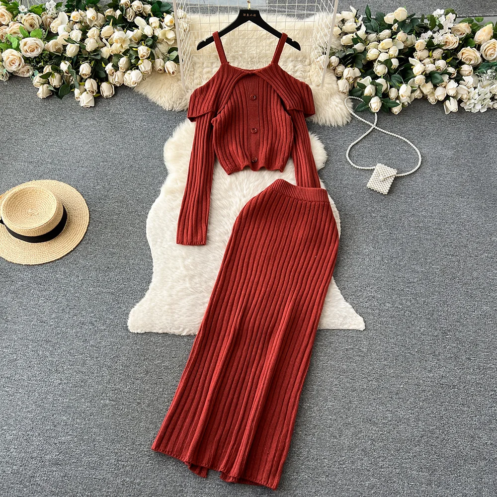 

Croysier 2 Piece Outfit Set Women Off Shoulder Long Sleeve Top And Bodycon Long Skirt Co Ord Set Sexy Ribbed Knitted Skirts Sets