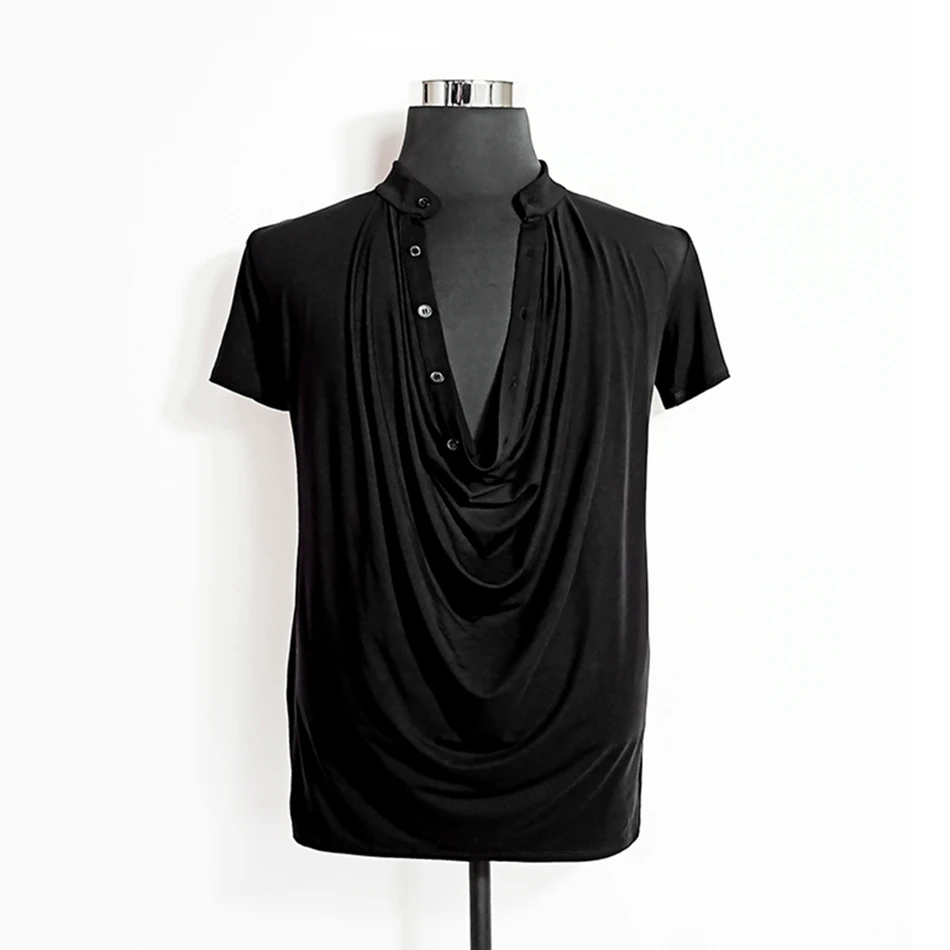 

2021 New W713 Male Latin Dance Tops Short Sleeve V Neck Wrinkle Design Latin Dancing Tops Performamnce Modern Dance Dress