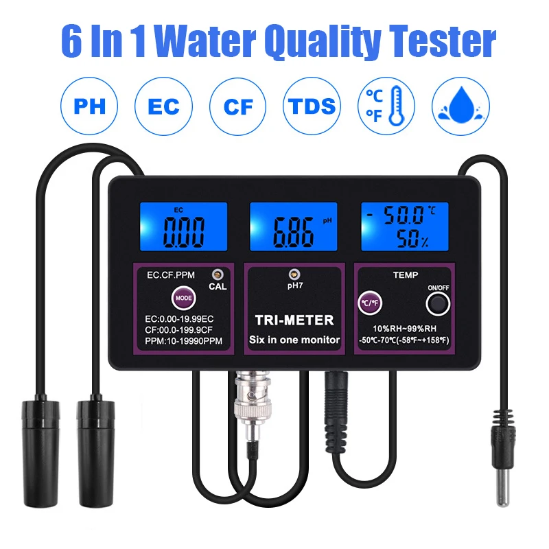 

Professional Aquarium Water Quality Tester Monitor PH / Temperature/ EC / CF / RH / TDS 6 in 1 Multi-parameter Test Analyer