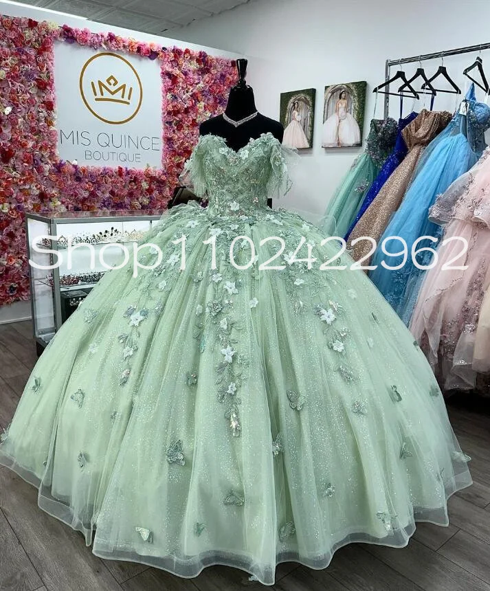 

Mint Green Off Shoulder Quinceanera Dresses 3D Floral Beaded Lace Applique Corset Princess Prom Sweet 15 vestidos de gala