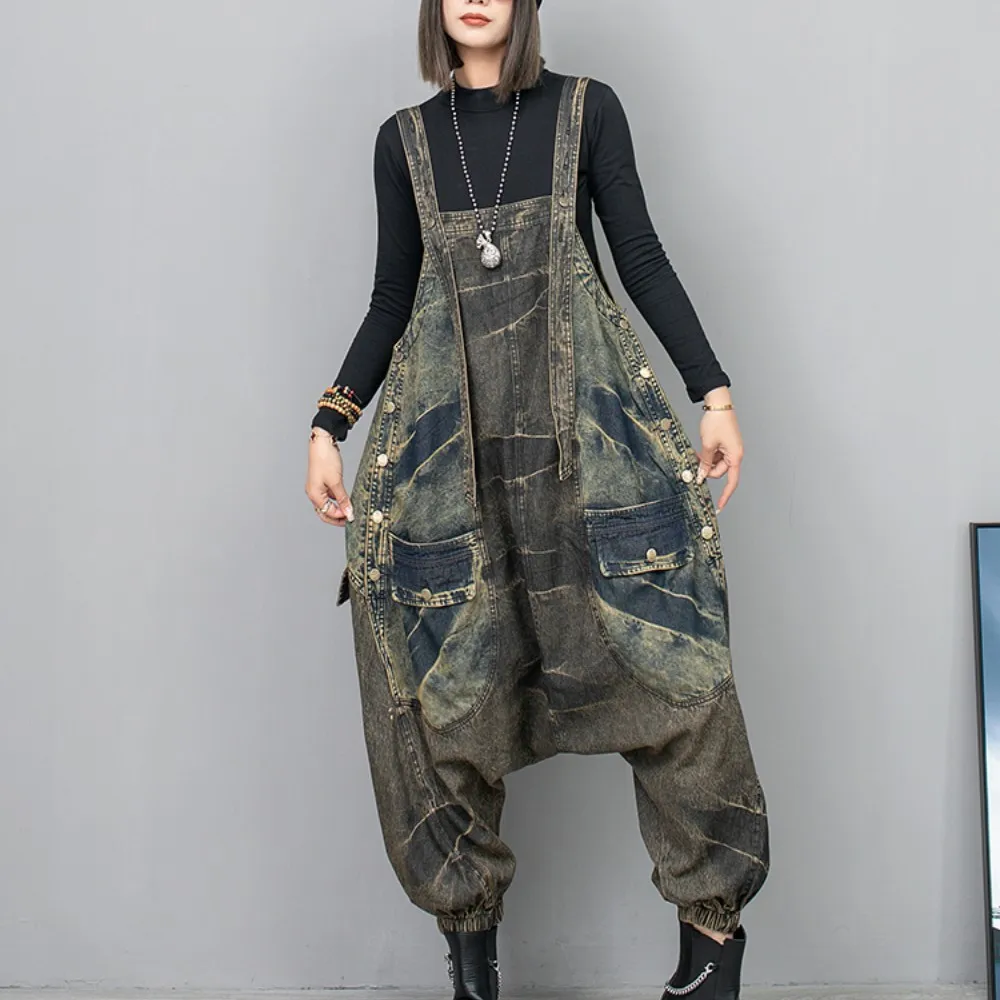 

2024 Spring Summer New Trendy Cool Personality Distressed Denim Shoulder Pants Women Loose Fitting High Waisted Jumpsuit LX760