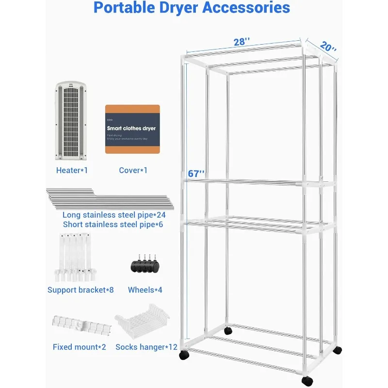 Portable Dryer, 35LB Capacity-67Inch Clothes Dryer (Anion), 1600W-3 Tier Foldable Portable Clothes Dryer Rack, Energy Saving 6