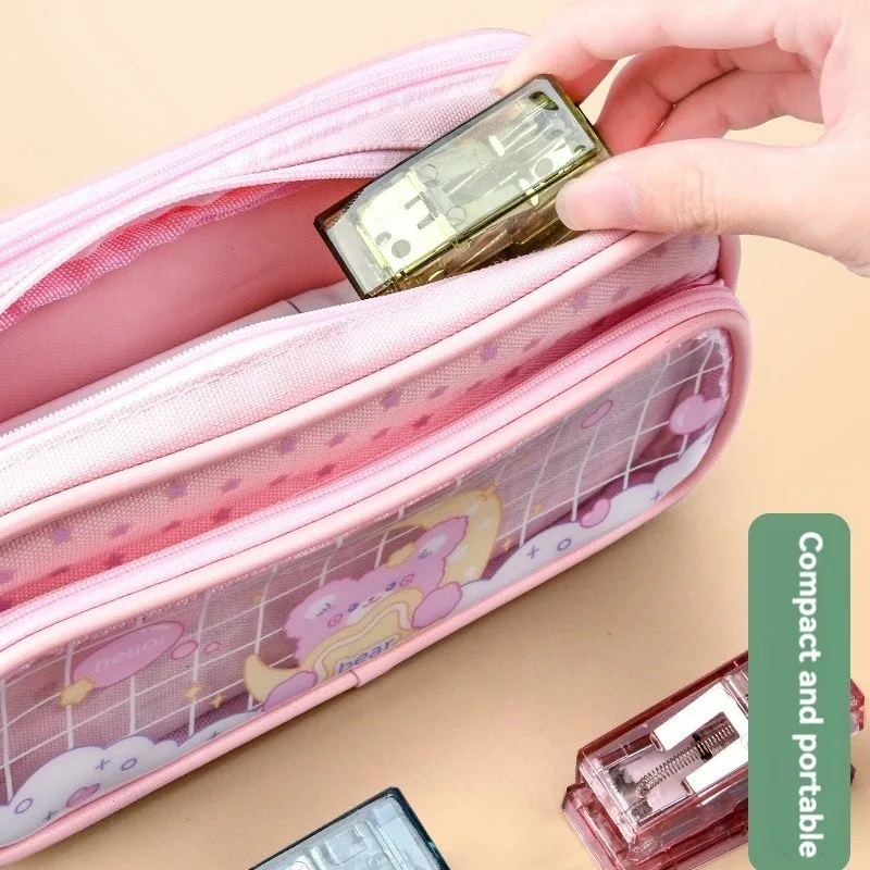 1PCS미니 스테이플러(스테이플 포함) 투명 노동 절약형 유연한 책 주문 플라스틱 미니 사이즈 바인더 데스크탑 스테이플러 학교 용품