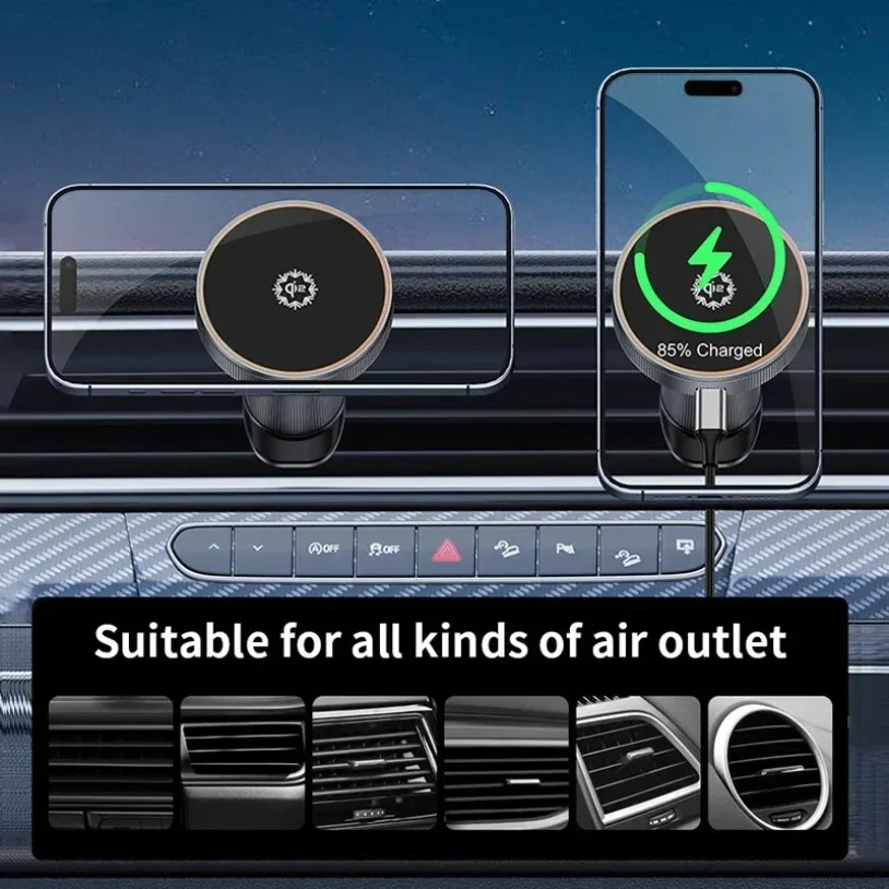 360 Rotation Magnetic Wireless Charger Car qi2 Cooling Air Outlet Holder For Magsafe iPhone 16 15 14 13 12 Pro Max Fast Charging