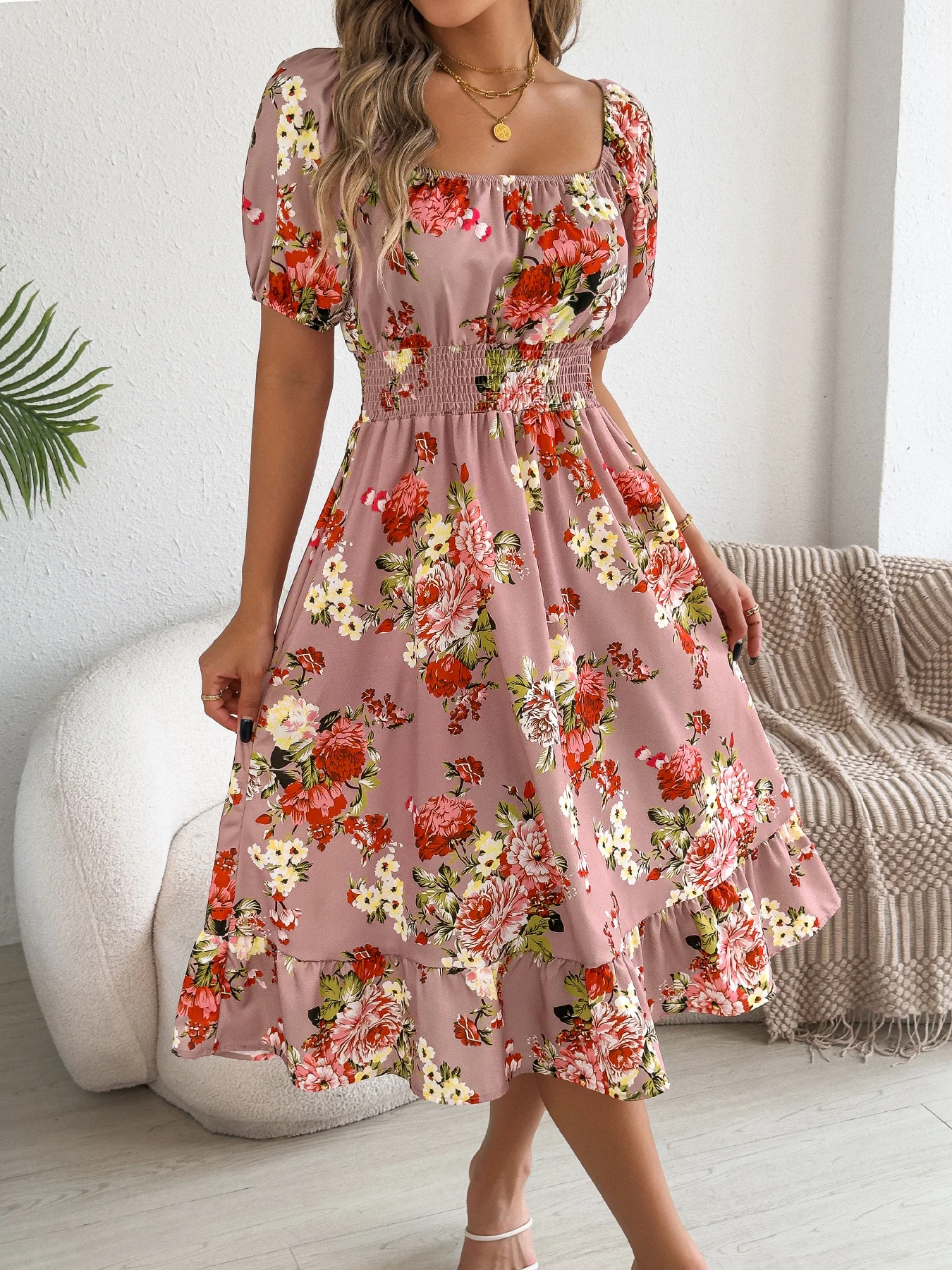 Floral Ruffled Short Sleeve Dress for Women