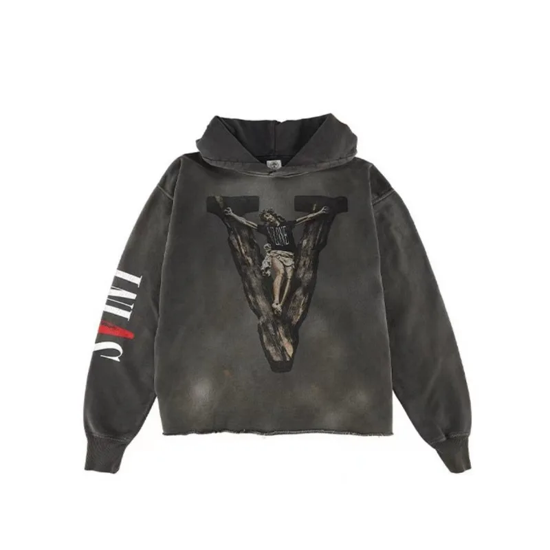 

SAINT MICHAEL Men's Hoodie V Print High Street Washing Water Vintage oversized Retro Fashion Pullover Streetwear