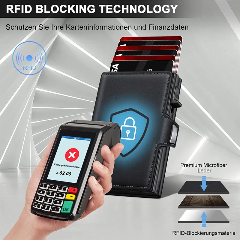 남성용  가죽 RFID 차단 자동 팝업 카드 홀더 지갑 (동전 포켓 포함) 미니 알루미늄 합금 여성용 지갑