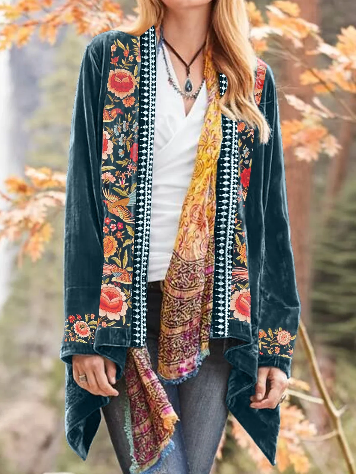 Bohemian Women Cardigan Floral Pattern Printed Jackets Vintage Open Front Long Sleeve Irregular Tops Holiday Shirt 2024