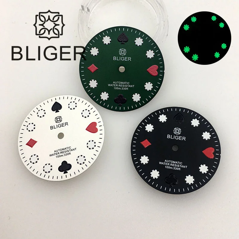 

BLIGER New 29mm Watch Dial Black Green White Color Funny Printing Time Marks Green Luminous Fit NH35 Automatic Movement