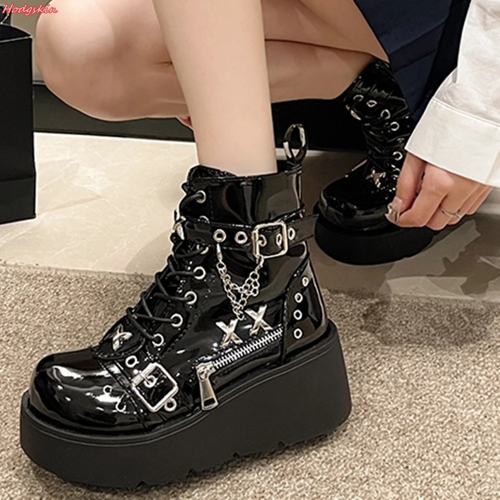 Black Thick Sole Metal Chain Women Short Boots Round Toe Side Zipper Flats Shoes Punk All-match Height Increasing Ankle Boots