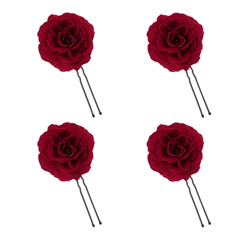 

4 Pcs Hairpin Wedding Rose Clip Flowers Pageant Accessories Retro Zinc Alloy Fabric Floral Headwear Chic Headdress Hairpins
