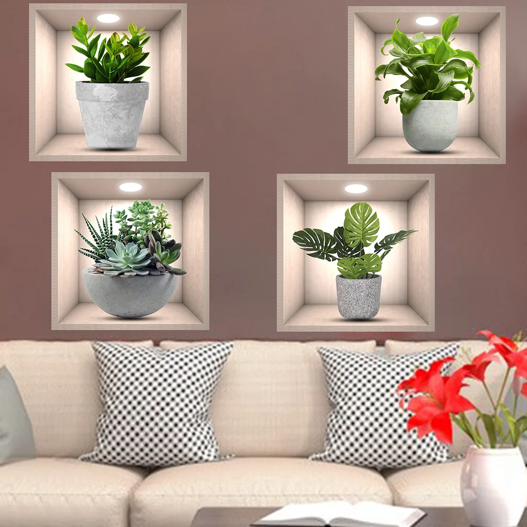 3 Adesivi Murali 3D Con Vasi E Piante - Autoadesivi Per Decorare Pareti In Casa