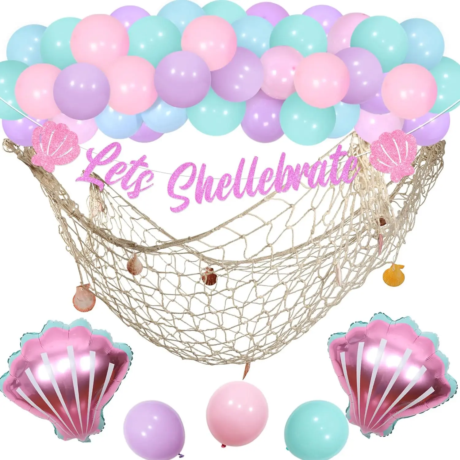

Let's Shellebrate Mermaid Birthday Banner Decor with Fishnet Seashell Balloons, Under The Sea Ocean Birthday Party Supplies