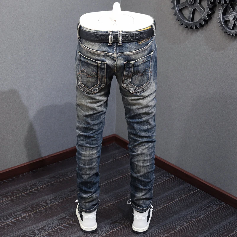 Fashion Designer Men Jeans High Quality Retro Black Blue Elastic Slim Ripped Jeans Men Embroidery Patched Vintage Pants Hombre