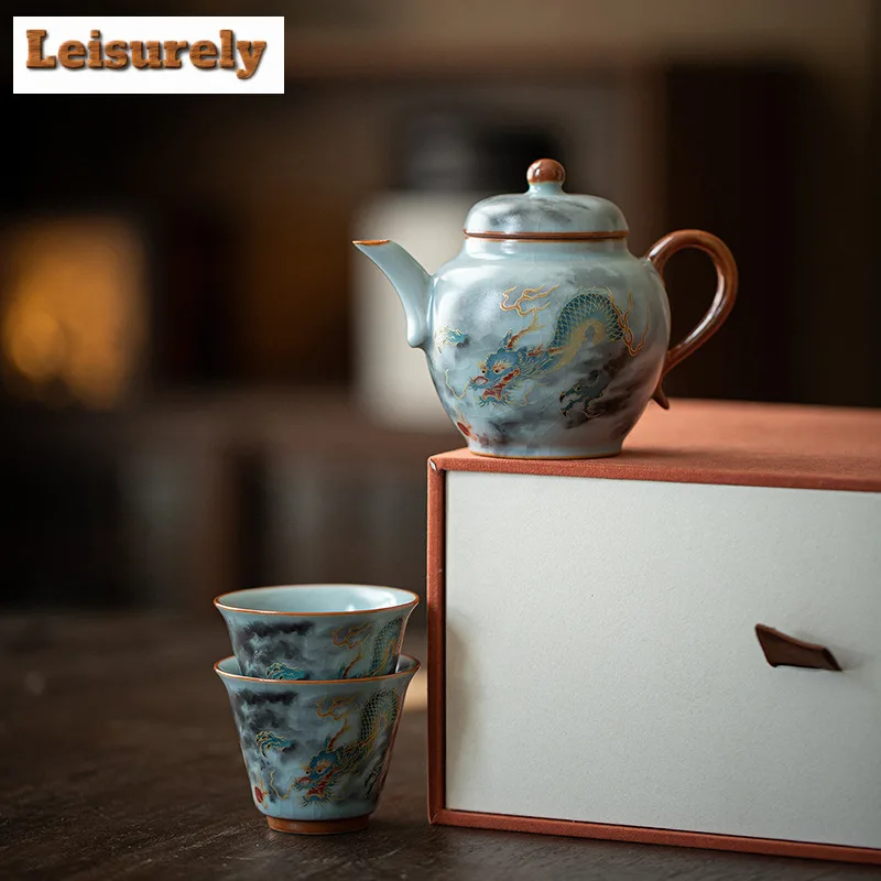 Azure Ru Kiln Propitious Dragon Tea Set Complete Set Elegant Tea Ceremony Set Teapot And Tea Cup Set Tea Services Decoration