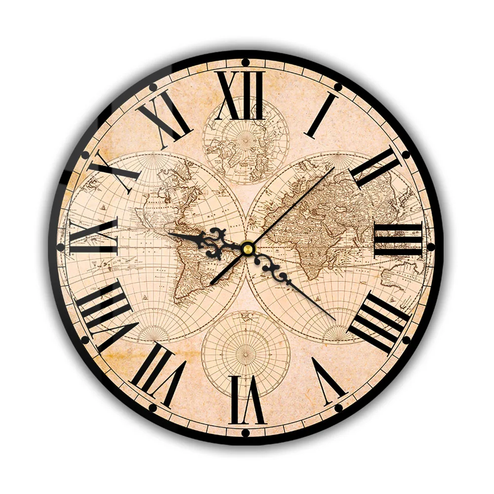 

17th Century World Map Retro Wall Clock Living Room Decor Historical Map Roman Numberals Silent Sweep Non-ticking Wall Clock