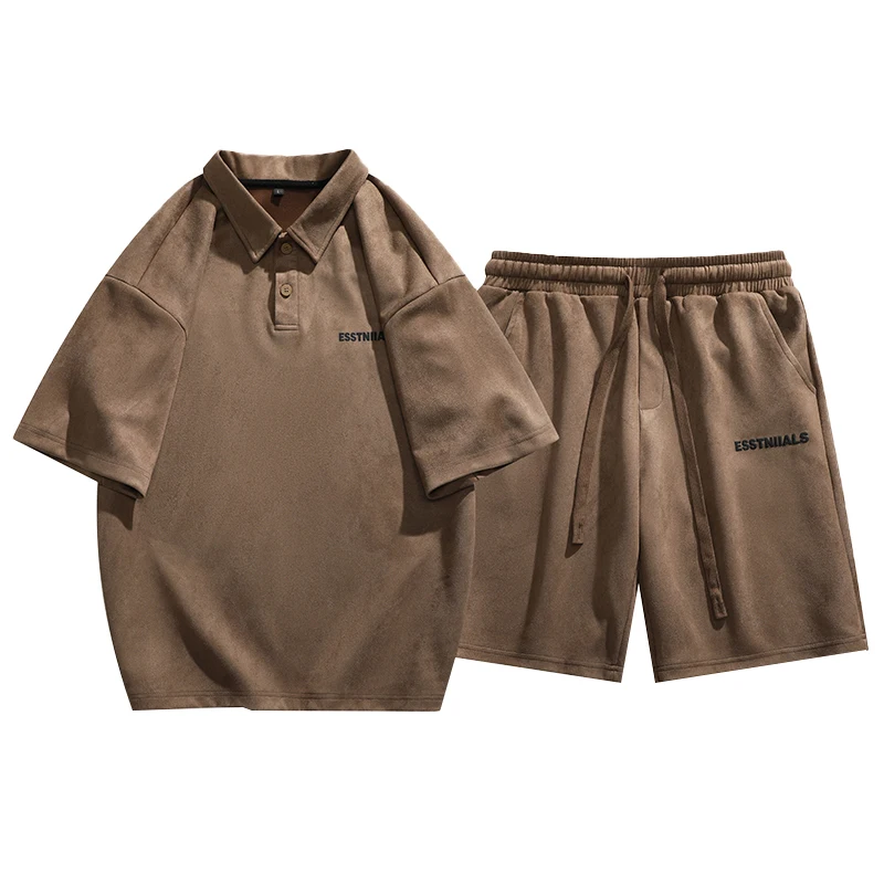 2023 New Heavy Pound Short Sleeve Shorts Tracksuit Men'S Summer Suede Lapel T-Shirt Casual Sports Polo Two-Piece Set