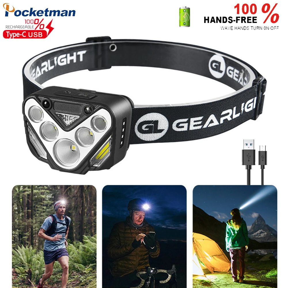 

New Wave Sensing Headlamp Smart LED Mini Headlight Type-C USB Charging Head Lamp Waterproof for Camping Night Fishing Running