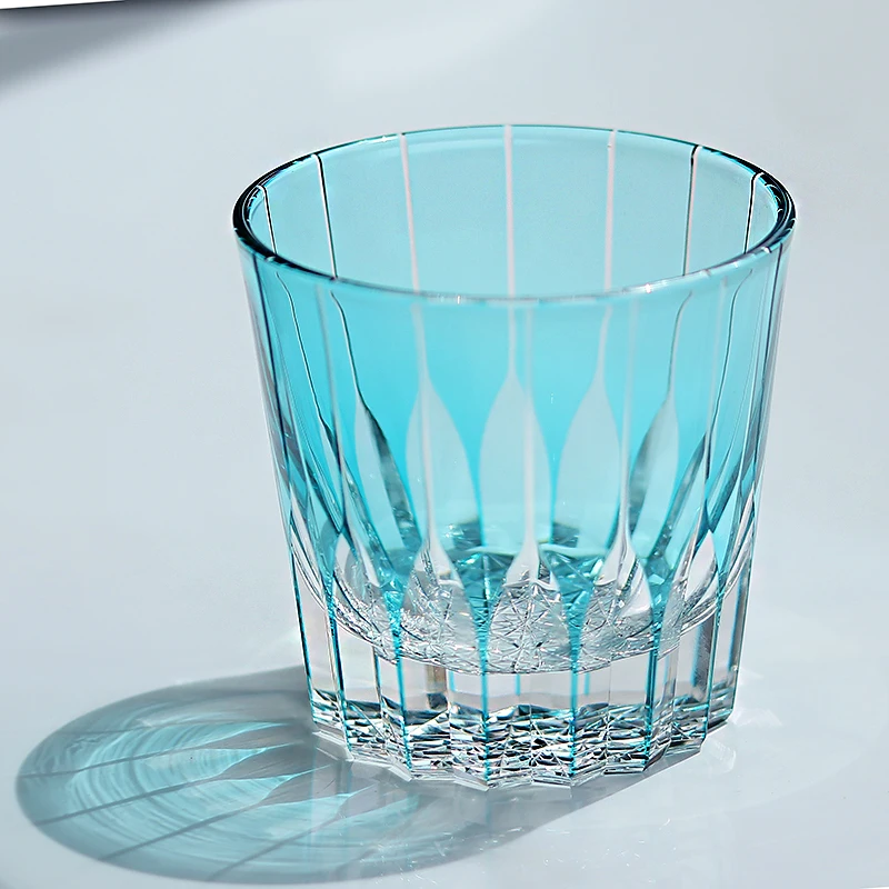New Sky Blue Handmade Edo Kiriko Whiskey Old Fashioned Glass Tumbler 320 ml With Gift Box