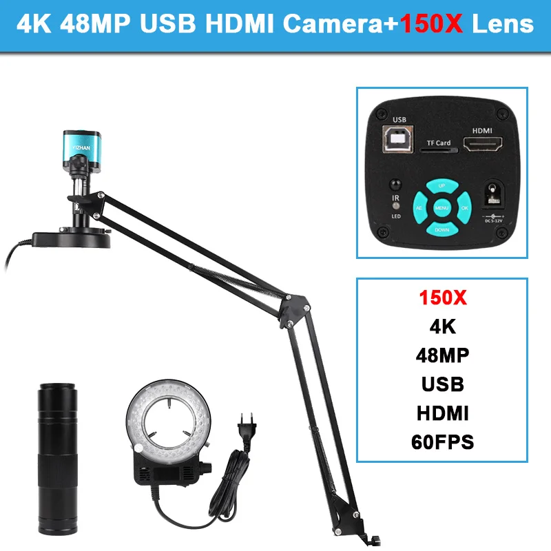

Электронный микроскоп USB/VGA HDMI, 13 МП/48 МП, монокулярная камера, 150-кратный зум-объектив, кольцевой светильник, подсветка, DIY паяльный микроскоп