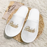 Bridal Party Slippers Set, Close-toe With Golden & Pink Embroidery, Lightweight Plush Cozy Flats, Non-slip Soft Sole For Bride - Image 4