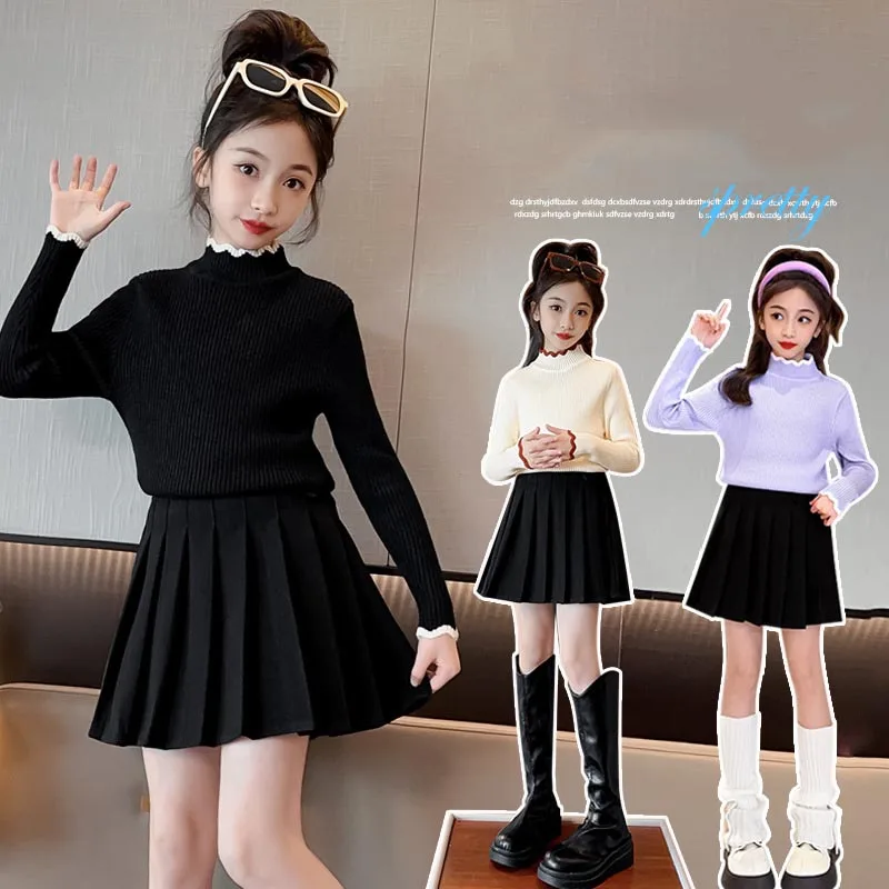

2023 Korean Autumn Winter Junior Girl Kintted Top Teenager Girl Lace High Collar Warm Sweater School Girl Undershirt Kintwears