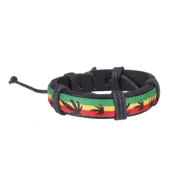 Jamaica Reggae Style Leather Bracelet Adjustable Wristband with Leaf Pattern for Men Women Hip Hop Rasta Wristband