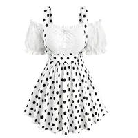 ROSEGAL Plus Size Women's T-Shirt Polka Dot Bowknot Floral Hollow Out Ruffles Cold Shoulder 2 In 1 Top Spring Summer Casual Tees